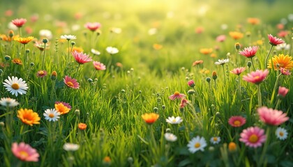 Fototapeta premium Idyllic image of bright green meadow with wildflowers in blossom. Colorful vibrant flowers in sunlight. Tranquil scene with daisies, yellow, pink, orange petals in summer sunshine.