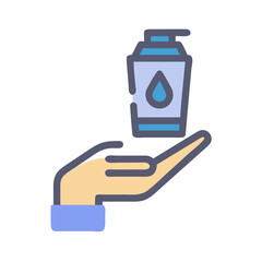 Hand holding sanitiser bottle, personal hygiene icon on black