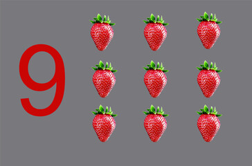 Counting number for kids—number 9 strawberries, Vector illustration