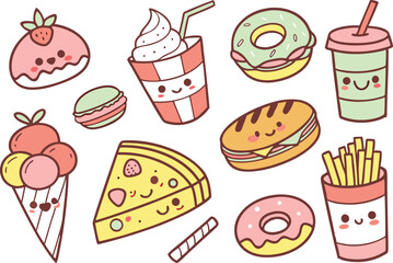 Cute Boba Tea and Donut Clipart Collection. Adorable Kawaii Meal Clipart for Kids Décor. Kawaii Breakfast Doodles for Digital. Sweet Treat Kawaii Clipart Set for Printable