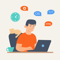 Young male programmer working on a laptop at home with a cat sleeping on a chair. Flat style illustration with HTML, CSS and coding symbols. Cozy freelance or remote work concept.