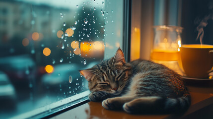 A tabby cat rests peacefully on a windowsill beside a steaming cup of tea, while raindrops trail down the glass behind them.