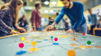 Event planner mapping logistics flow via responsive event simulation interfaces. " --ar 16:9