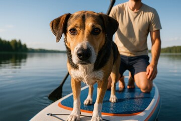 Curious dog standing on a paddle board with man paddling behind on a calm lake during a sunny summer day.
