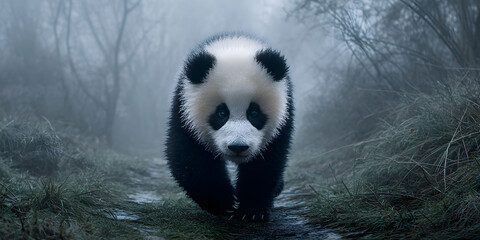 Obraz premium A Majestic Baby Panda in a Misty Forest