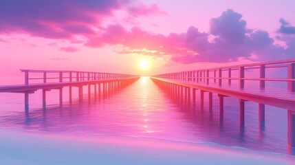 Obraz premium Serene, pastel sunset over tranquil water, with a wooden walkway