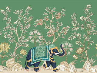 Vintage botanical tree, Indian elephant animal, flower seamless border green background. Oriental mural. © good_mood