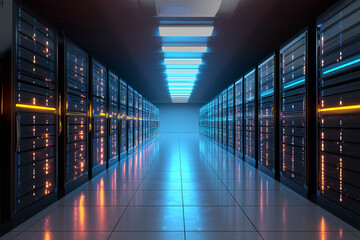 Fototapeta premium Modern data center with rows of glowing server racks