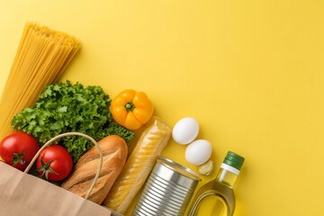 with food donations yellow background with copyspace - pasta, fresh vegatables, canned food, baguette, eggs, organic oil. Donation concept.