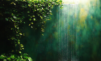 Obraz premium Serene Waterfall Cascading Down Green Landscape Phone Wallpaper – Vibrant Foliage & Gentle Light | Nature Mobile Background
