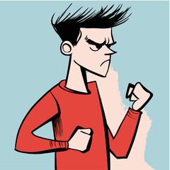 a man with a distressed expression, standing in the middle of the image against a light blue background.