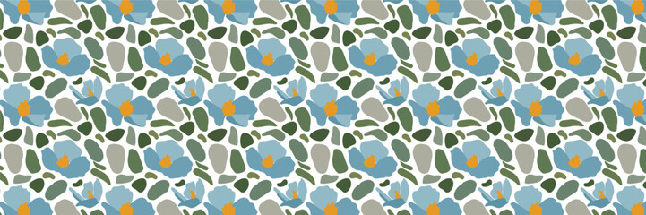 Seamless vector floral mosaic pattern. Green pebbles and flowers for summer dress with print. Abstract background with green and light green rounded elements. Modern botanical pattern.