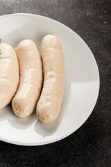 White sausage meat dish fresh bratwurst sausage dish fresh delicious gourmet food background on the...