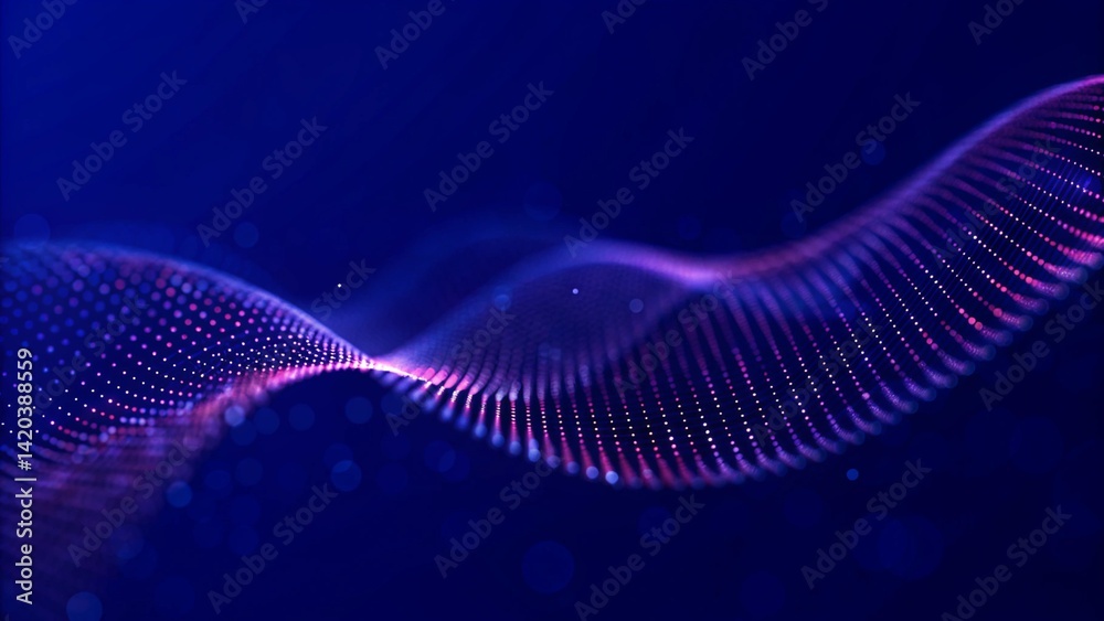 Poster Particle stream. Purple background with many glowing particles. Information technology background. 3d rendering. Futuristic digital motion trail effect in cyberspace with glowing elements.