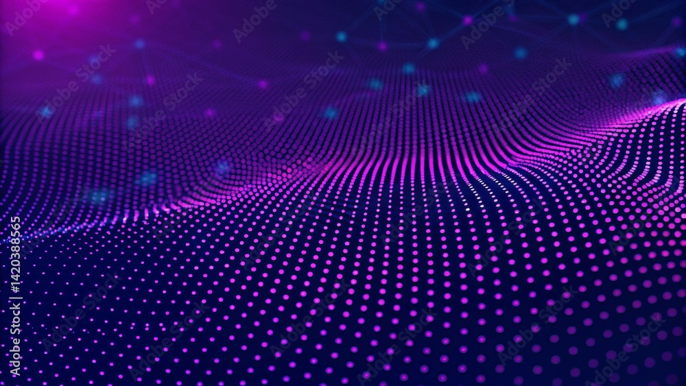 Poster Particle stream. Purple background with many glowing particles. Information technology background. 3d rendering. Futuristic digital motion trail effect in cyberspace with glowing elements.