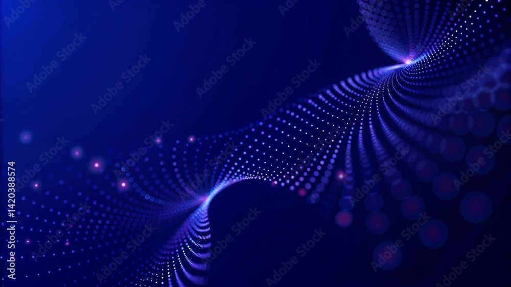 Poster Particle stream. Purple background with many glowing particles. Information technology background. 3d rendering. Futuristic digital motion trail effect in cyberspace with glowing elements.