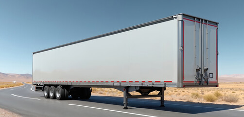 Long trailer truck on road. Vehicle for transport cargo, goods, containers. Commercial freight transportation service. Delivery of products, logistics, import export. Cargo transportation business