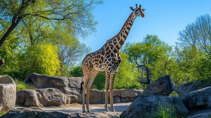 Giraffe standing in zoo enclosure, sunny day