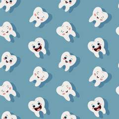 Teeth seamless pattern, character cute funny teeth with faces. Oral hygiene, children oral care and dental health concept. Flat vector illustration.