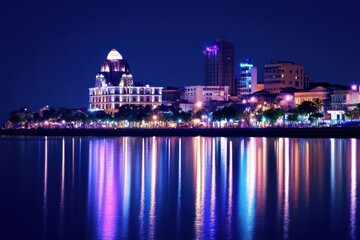 Fototapeta premium Stunning Night View of Maputo: Urban Skyline Illuminated in Vibrant City Lights