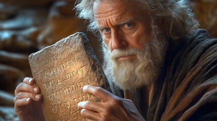 A close-up of Moses carefully inscribing the Ten Commandments into stone tablets, illuminated by divine light.