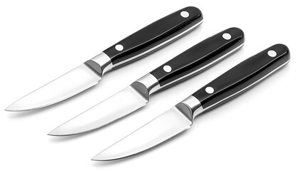 Fototapeta premium Three paring knives with black handles and silver rivets arranged diagonally on a white surface.