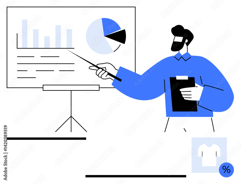 Poster man with clipboard pointing at charts and pie graphs on a presentation board. ideal for business str