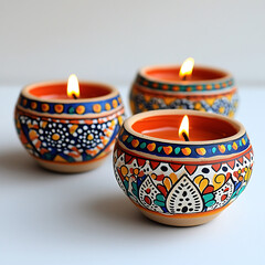 Three glowing candles sit in vibrantly painted patterned ceramic bowls creating a warm and colorful atmosphere.