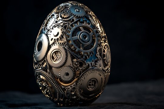 A metallic steampunk Easter egg showcases intricate gears and components visibly rotating against a dark background, merging tradition with an innovative mechanical design aesthetic.