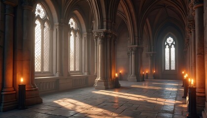 Medieval fantasy temple interior with arched windows and stone columns. Candles light the hall. Sunlight through stained-glass windows. Ancient gothic architecture evokes historical atmosphere.