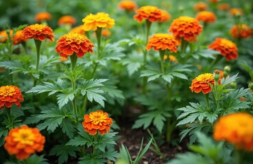 Vibrant marigold flowers planted around bean plants. Companion planting method to deter pests. Organic gardening concept. Yellow, orange flowers in garden bed. Focus on healthy growth, natural