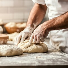 Baker's Hands Kneading Dough on Floured Table, Baking, Bakery