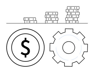 Obraz premium Stacked coins rising in height, dollar symbol circle, and gear icon highlight economic growth, investment, and financial planning. Ideal for business strategy, budgeting, productivity, savings