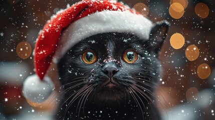 Fototapeta premium A black cat wearing a Santa hat, surrounded by snowflakes and festive lights