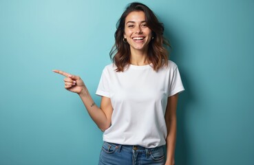 Young, beautiful, happy woman in white t-shirt points right with finger on blue background. Smiling female, copy space for advertising, mock up. Attractive caucasian girl shows on something someone.