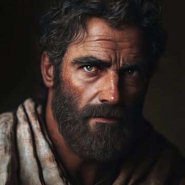 Peter from the Bible. His rugged features reflect a life of labor and transformation&mdash;once a humble fisherman, now a rock of the early Church. Dressed in simple robes, sun-bleached and worn․
