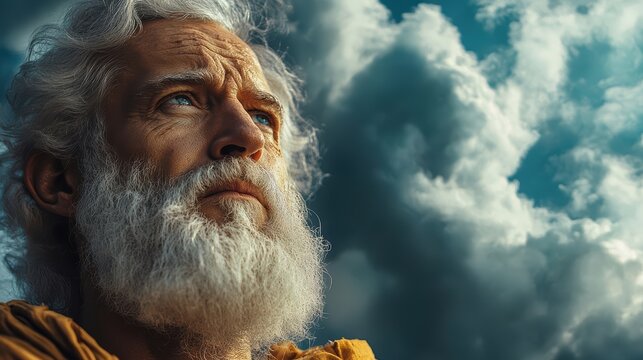 Angry, dirty face of the apostle Job, with sore skin, white hair, blue eyes, dressed in ancient, dirty, torn clothes, looking angrily up to the sky. Job's image reflects his loyalty to God.