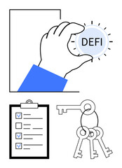 Hand holding a DeFi coin alongside a checklist and a set of keys. Ideal for digital finance, decentralized technology, key management, security, task completion, financial planning, simple landing