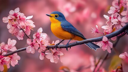 Fototapeta premium Small bird perched on a branch of blooming pink flowers