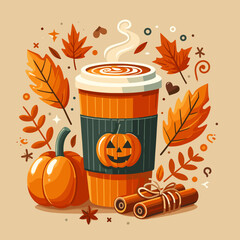 Festive illustration of a pumpkin spice latte cup surrounded by autumn leaves and pumpkins