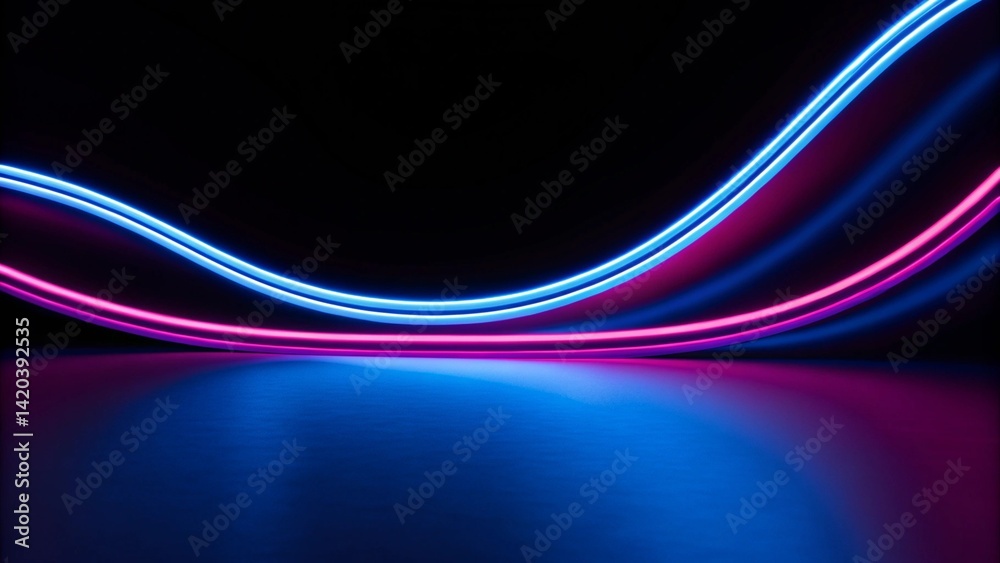 Poster 3d animation, abstract neon background pink blue ribbon, futuristic glowing swirl light, digital wav