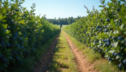 Naklejka premium Scenic view of blueberry farm. Ripe blue berries grow on bushes under clear sky. Dirt road passes through rows of bushes. Harvest season. Organic food, farming concept.
