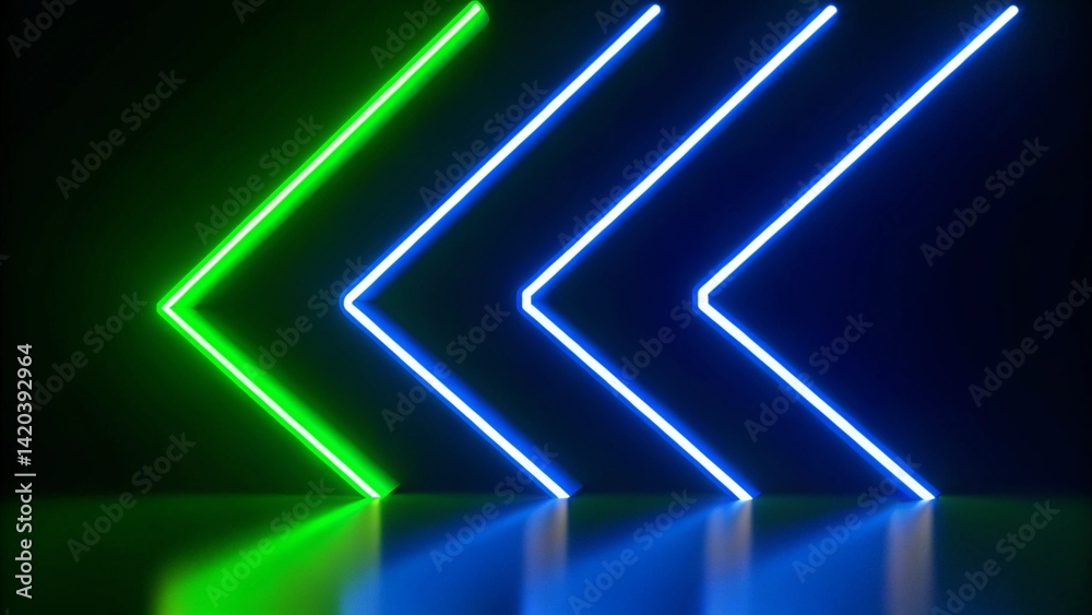 Poster 3d render, abstract panoramic neon background with arrows showing right direction, green blue gradie