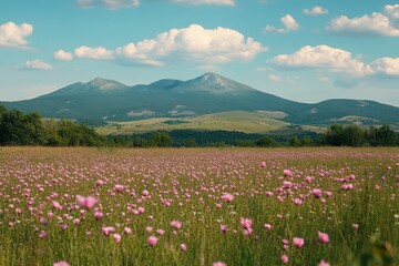 Blooming Bulgarian Roses Against the Majestic Stara Planina Mountain in a Serene Summer Landscape