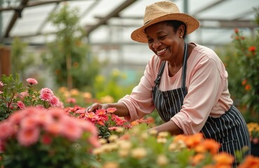Smiling senior lady gardener, surrounded colorful flowers, tends plants in greenhouse. Happy elderly black woman enjoys gardening as retirement hobby, leisure. Smiling, active female working in