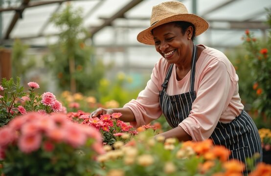 Smiling senior lady gardener, surrounded colorful flowers, tends plants in greenhouse. Happy elderly black woman enjoys gardening as retirement hobby, leisure. Smiling, active female working in