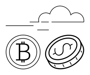 Bitcoin and dollar coins in sleek linear design beneath a cloud with movement lines. Ideal for finance, cryptocurrency, digital savings, innovation, cloud services, technology, simple landing page