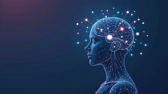 pt graphic robot head brain connected neural network nodes human machine interaction computer science metaphor vector illustration