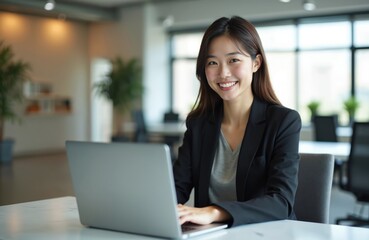 Young Korean businesswoman works on laptop in modern office. Smiling Asian female professional uses computer tech app for work. Lady looks at camera, corporate business environment.