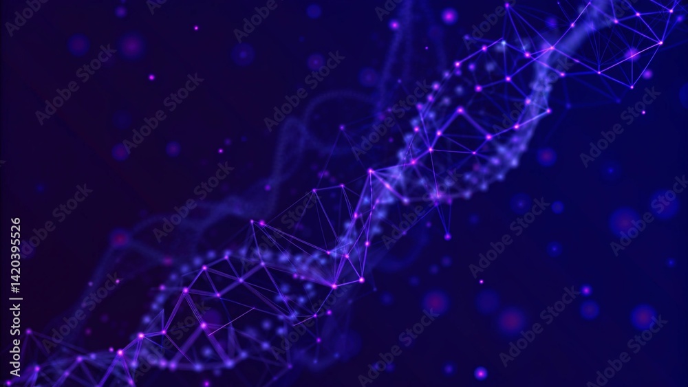 Poster Abstract connection of purple dots on a violet background. Futuristic space. Color music. Digital wave pattern in motion with glowing particles on dark background, futuristic visualization